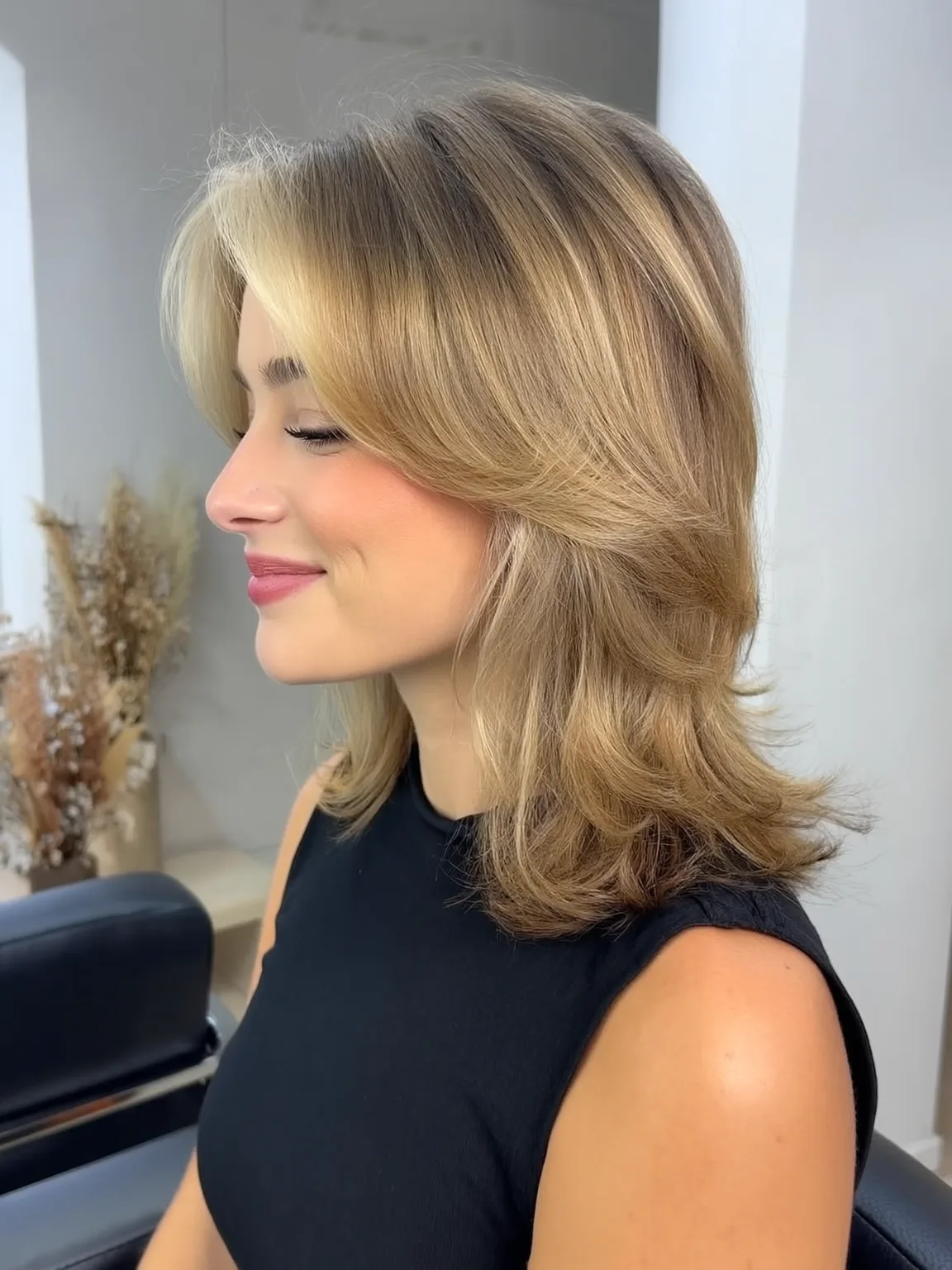 Shoulder-Length Feathered Layers with Honey Blonde Balayage